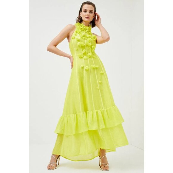 Karen Millen Citrine Yellow Linen-Blend Rosette Maxi Dress - Picture 2 of 11